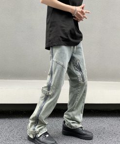 Unisex Straight Leg Jeans in Yellow Mud Dye with Zipper Detail | Retro 90s Streetwear Style