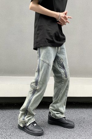 Unisex Straight Leg Jeans in Yellow Mud Dye with Zipper Detail | Retro 90s Streetwear Style