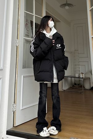 Unisex Striped Cotton Puffer Jacket - Trendy Thickened Coat for Autumn and Winter, Casual American Style