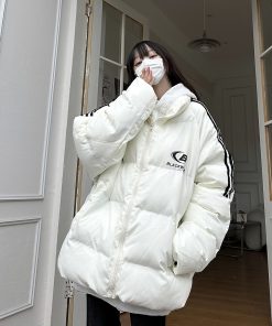 Unisex Striped Cotton Puffer Jacket - Trendy Thickened Coat for Autumn and Winter, Casual American Style