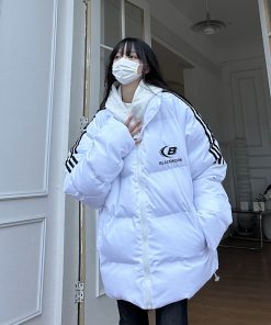 Unisex Striped Cotton Puffer Jacket - Trendy Thickened Coat for Autumn and Winter, Casual American Style