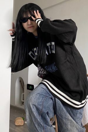 Unisex Striped Knitted Sweater - Loose Fit, Spliced Design, Korean Street Style, Trendy Casual Wear for Autumn Winter