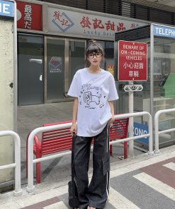 Unisex Summer Fun Printed Short Sleeve T-Shirt - Loose Casual Cotton Top, Retro Round Neck, Trendy 90s Vibe