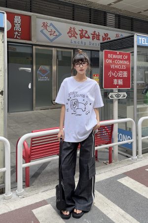 Unisex Summer Fun Printed Short Sleeve T-Shirt - Loose Casual Cotton Top, Retro Round Neck, Trendy 90s Vibe
