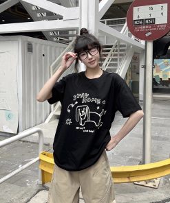 Unisex Summer Fun Printed Short Sleeve T-Shirt - Loose Casual Cotton Top, Retro Round Neck, Trendy 90s Vibe