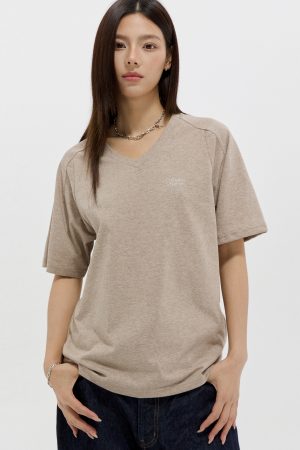 Unisex V-Neck Raglan Short Sleeve T-Shirt with Simple Logo Print - Casual Summer Loose Fit Top