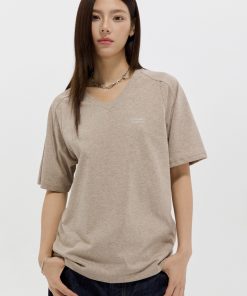 Unisex V-Neck Raglan Short Sleeve T-Shirt with Simple Logo Print - Casual Summer Loose Fit Top