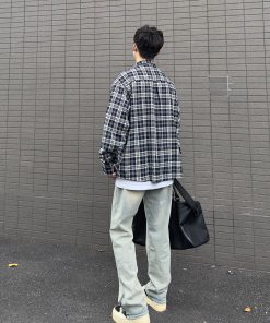 Unisex Vintage Black and White Checkered Long Sleeve Shirt Jacket - Loose Plaid for Spring & Autumn, Effortless Casual Style