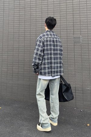 Unisex Vintage Black and White Checkered Long Sleeve Shirt Jacket - Loose Plaid for Spring & Autumn, Effortless Casual Style