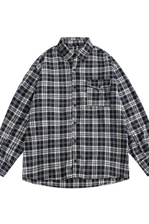 Unisex Vintage Black and White Checkered Long Sleeve Shirt Jacket - Loose Plaid for Spring & Autumn, Effortless Casual Style