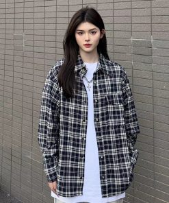 Unisex Vintage Black and White Checkered Long Sleeve Shirt Jacket - Loose Plaid for Spring & Autumn, Effortless Casual Style