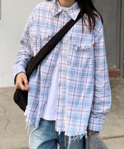 Unisex Vintage Brushed Edge Plaid Long Sleeve Shirt Jacket - Trendy Loose Fit for Spring & Autumn, Retro Couple Style