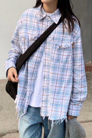 Unisex Vintage Brushed Edge Plaid Long Sleeve Shirt Jacket - Trendy Loose Fit for Spring & Autumn, Retro Couple Style