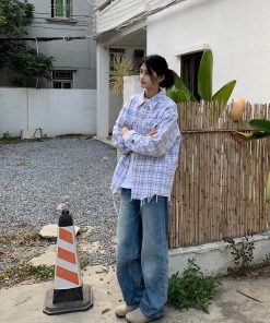 Unisex Vintage Brushed Edge Plaid Long Sleeve Shirt Jacket - Trendy Loose Fit for Spring & Autumn, Retro Couple Style