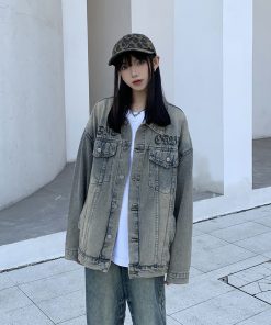 Unisex Vintage Denim Jacket - High Street American Style, Trendy Printed Design for Spring & Autumn, 90s Inspired