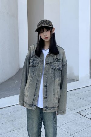 Unisex Vintage Denim Jacket - High Street American Style, Trendy Printed Design for Spring & Autumn, 90s Inspired