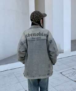 Unisex Vintage Denim Jacket - High Street American Style, Trendy Printed Design for Spring & Autumn, 90s Inspired