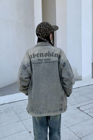 Unisex Vintage Denim Jacket - High Street American Style, Trendy Printed Design for Spring & Autumn, 90s Inspired