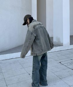 Unisex Vintage Denim Jacket - High Street American Style, Trendy Printed Design for Spring & Autumn, 90s Inspired