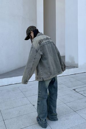 Unisex Vintage Denim Jacket - High Street American Style, Trendy Printed Design for Spring & Autumn, 90s Inspired