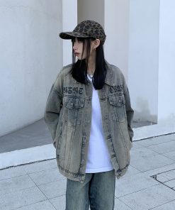Unisex Vintage Denim Jacket - High Street American Style, Trendy Printed Design for Spring & Autumn, 90s Inspired