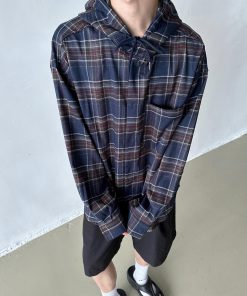 Unisex Vintage Loose Blue Plaid Hooded Shirt Jacket - Casual Long Sleeve for Spring & Autumn, Trendy Lazy Style
