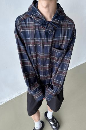 Unisex Vintage Loose Blue Plaid Hooded Shirt Jacket - Casual Long Sleeve for Spring & Autumn, Trendy Lazy Style