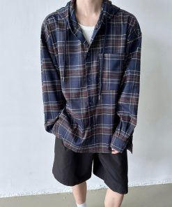 Unisex Vintage Loose Blue Plaid Hooded Shirt Jacket - Casual Long Sleeve for Spring & Autumn, Trendy Lazy Style