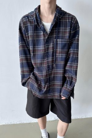 Unisex Vintage Loose Blue Plaid Hooded Shirt Jacket - Casual Long Sleeve for Spring & Autumn, Trendy Lazy Style