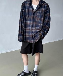 Unisex Vintage Loose Blue Plaid Hooded Shirt Jacket - Casual Long Sleeve for Spring & Autumn, Trendy Lazy Style