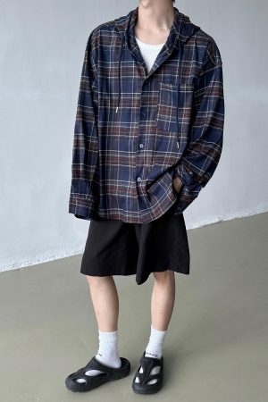 Unisex Vintage Loose Blue Plaid Hooded Shirt Jacket - Casual Long Sleeve for Spring & Autumn, Trendy Lazy Style