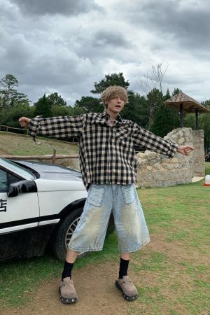 Unisex Vintage Plaid Long Sleeve Shirt Jacket - Distressed Embroidered College Style for Spring & Autumn Fashion