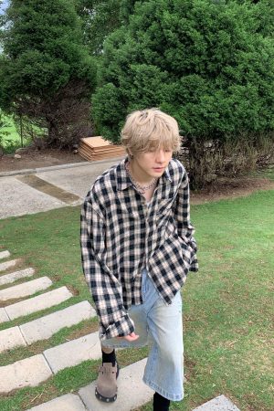 Unisex Vintage Plaid Long Sleeve Shirt Jacket - Distressed Embroidered College Style for Spring & Autumn Fashion