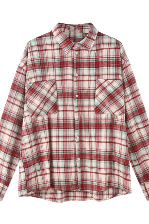 Unisex Vintage Plaid Shirt Jacket - Loose Fit, Long Sleeve Checkered Design, Versatile Lazy Style for Spring and Autumn Fashion