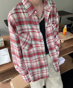 Unisex Vintage Plaid Shirt Jacket - Loose Fit, Long Sleeve Checkered Design, Versatile Lazy Style for Spring and Autumn Fashion