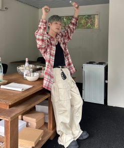 Unisex Vintage Plaid Shirt Jacket - Loose Fit, Long Sleeve Checkered Design, Versatile Lazy Style for Spring and Autumn Fashion