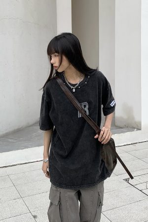 Unisex Vintage Washed American T-Shirt with Letter Print, Short Sleeve High Street Style, Trendy Niche Design for Couples