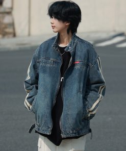 Unisex Vintage Washed Denim Jacket with Stand Collar - Casual Loose Fit for Spring & Autumn - Perfect Couple's Workwear