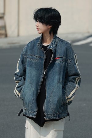 Unisex Vintage Washed Denim Jacket with Stand Collar - Casual Loose Fit for Spring & Autumn - Perfect Couple's Workwear