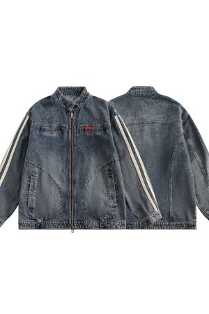 Unisex Vintage Washed Denim Jacket with Stand Collar - Casual Loose Fit for Spring & Autumn - Perfect Couple's Workwear