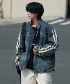 Unisex Vintage Washed Denim Jacket with Stand Collar - Casual Loose Fit for Spring & Autumn - Perfect Couple's Workwear