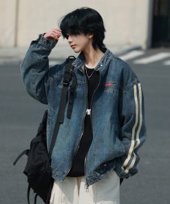 Unisex Vintage Washed Denim Jacket with Stand Collar - Casual Loose Fit for Spring & Autumn - Perfect Couple's Workwear