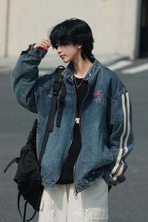 Unisex Vintage Washed Denim Jacket with Stand Collar - Casual Loose Fit for Spring & Autumn - Perfect Couple's Workwear