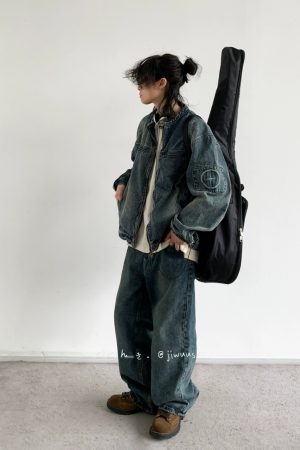 Unisex Vintage Washed Loose Denim Jacket - Spring Autumn Casual Zipper Style for Couples