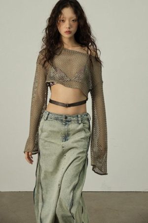 University Outfit Ideas Casual Simple, Basic Korean Outfits Casual - Fishnet Crop Shrug Sweater