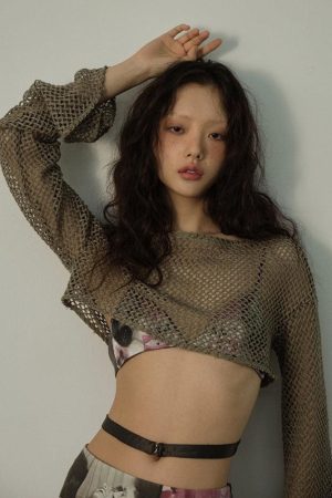 University Outfit Ideas Casual Simple, Basic Korean Outfits Casual - Fishnet Crop Shrug Sweater