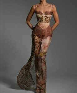 University Outfit Ideas Casual Simple, Modest Fits Casual - Leopard Patchwork Slit Maxi Dress