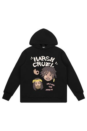 Urban Graffiti Hand-Drawn Braid Pattern Little Black Fleece Hoodie for Street Style Enthusiasts
