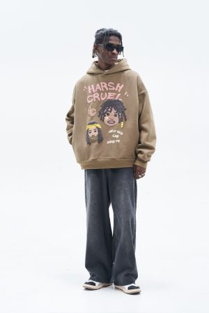 Urban Graffiti Hand-Drawn Braid Pattern Little Black Fleece Hoodie for Street Style Enthusiasts