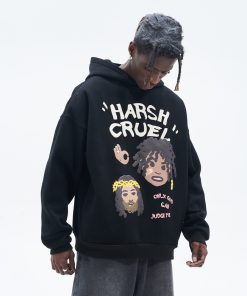 Urban Graffiti Hand-Drawn Braid Pattern Little Black Fleece Hoodie for Street Style Enthusiasts